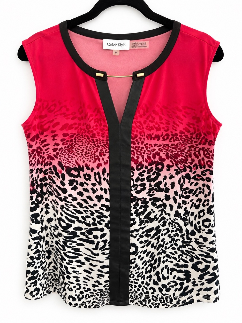 Calvin Klein Pink Ombre Leopard Print Sleeveless Faux Leather Trim Top M